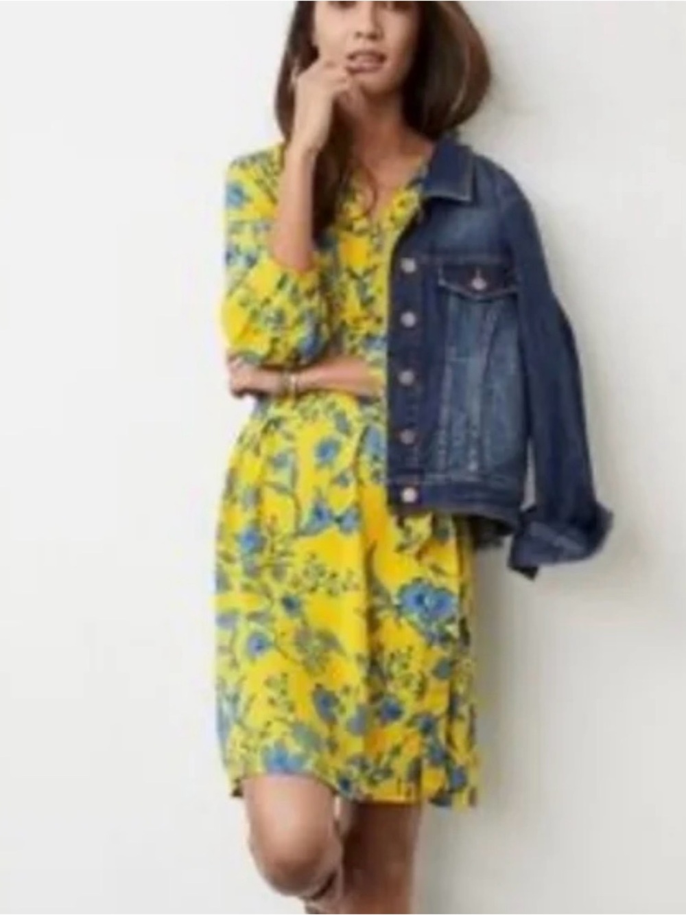 CAbi Yellow Dress with Blue Floral Print